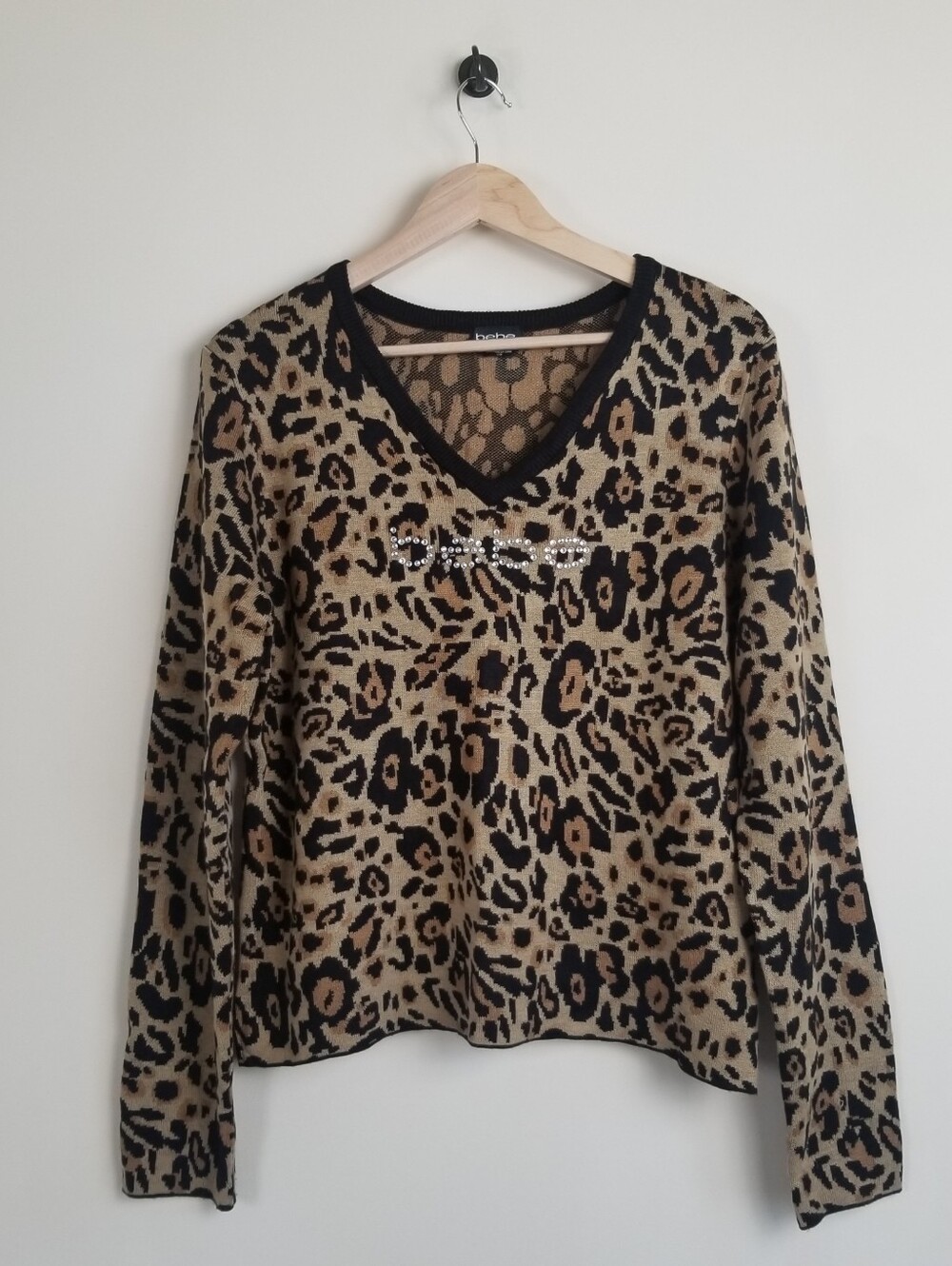 Bebe V-Neck Animal Print Sweater Large